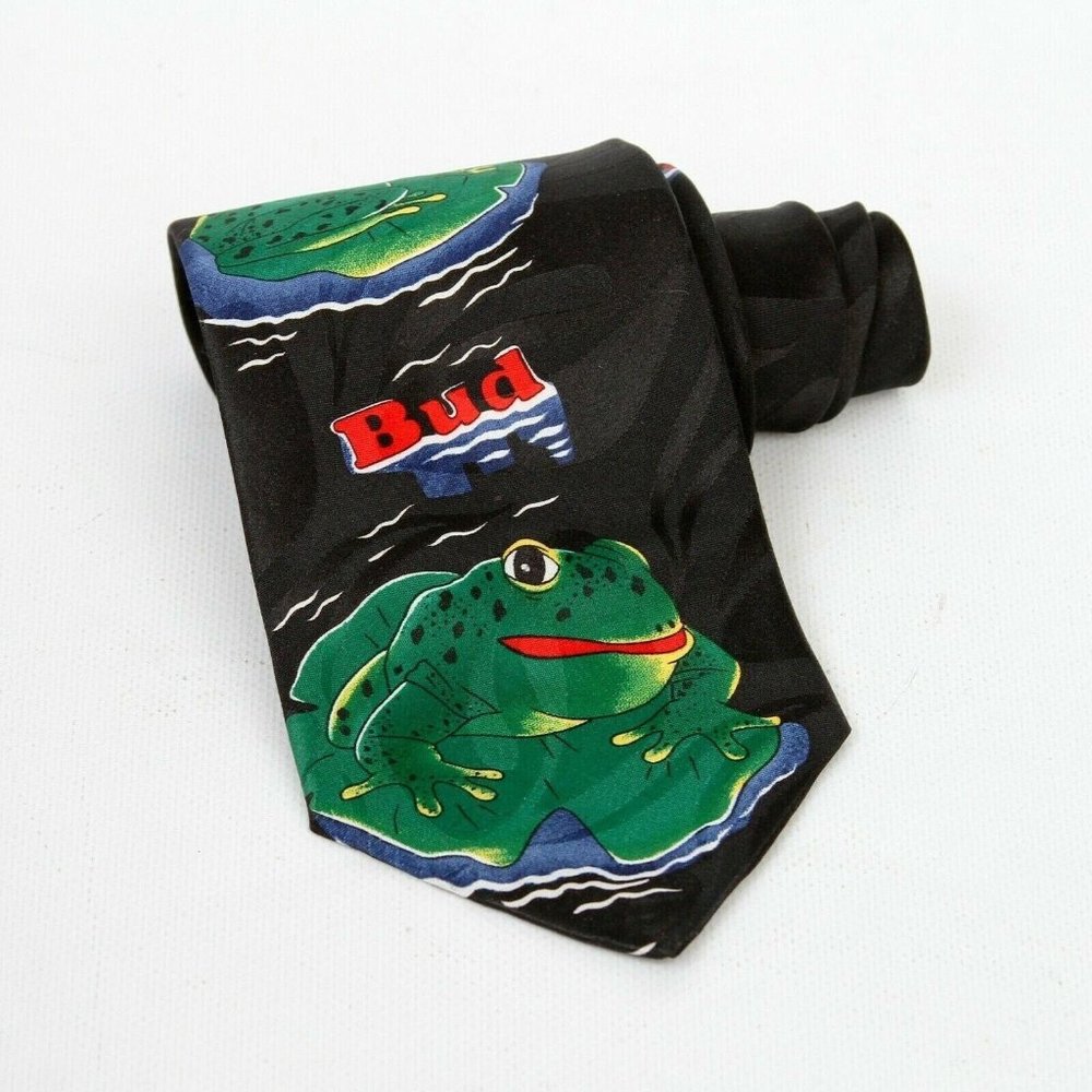 Vintage Genuine Collection Budweiser Frogs Black Mens Necktie Bud Beer Tie Ties